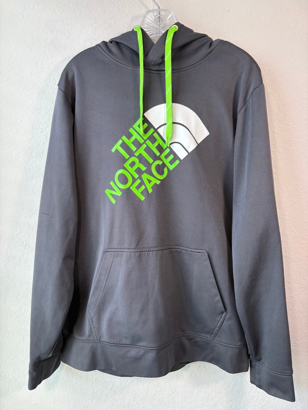 The North Face Mens Lrg Hoodie Gray Neon Green Logo Pullover Outdoor Streetwear